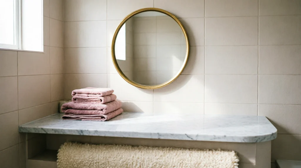 Blush and cream bathroom with gold mirror and marble counter for gold bathroom decor