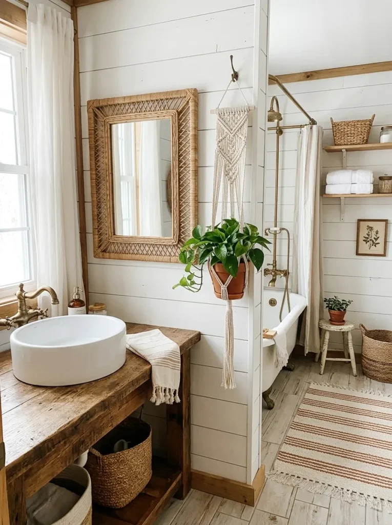 Boho farmhouse bathroom decor blended with cabin style using rattan, macrame, and shiplap