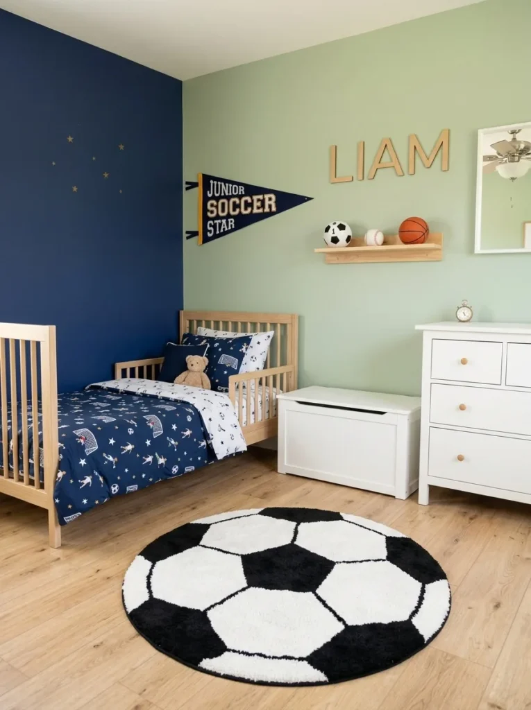 Boys bedroom sports decor with a soccer rug, pennant flag, and wall shelf