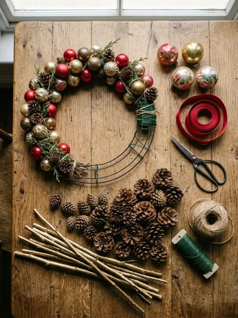 Budget DIY supplies for ways to decorate a door for Christmas, including pinecones, baubles, and ribbon.