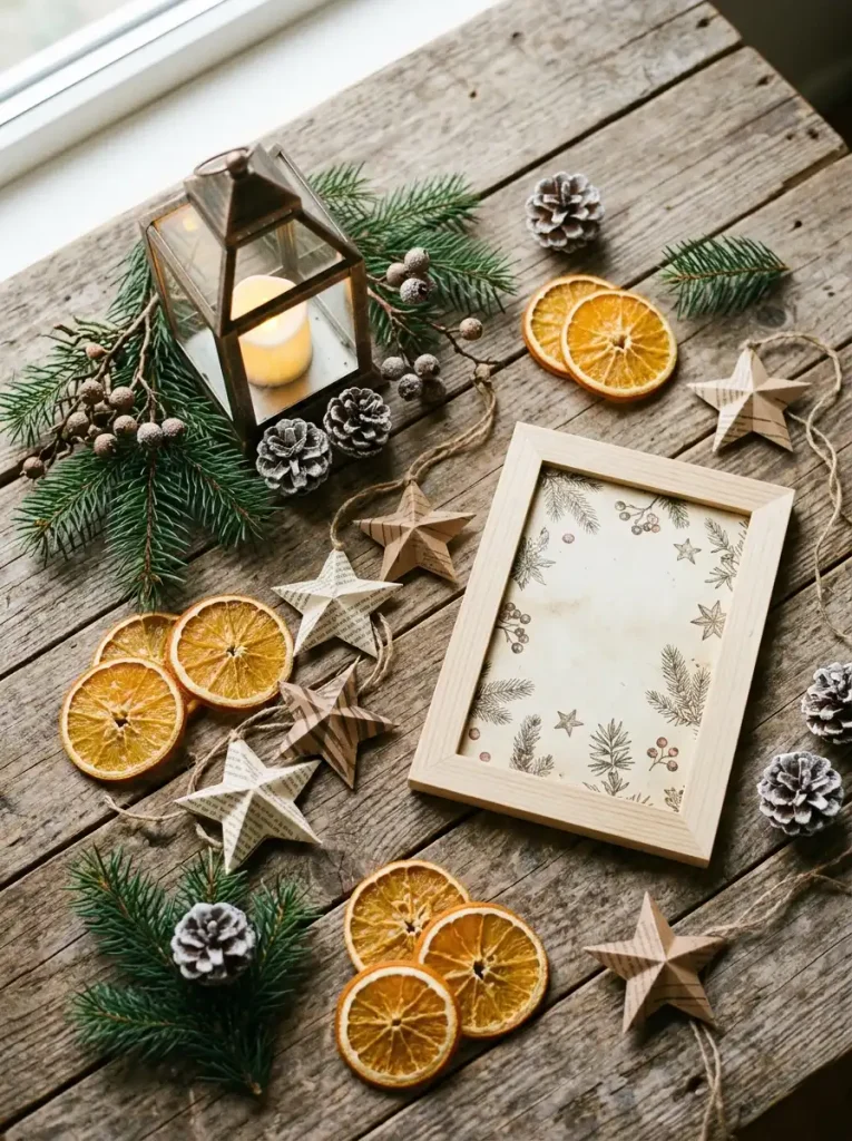Budget friendly DIY Christmas decorations including a pinecone lantern and dried orange slices