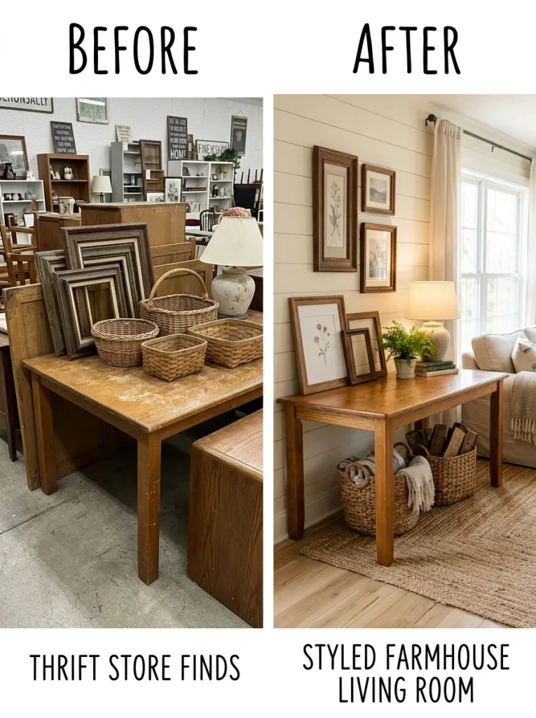 Budget friendly farmhouse living room makeover using secondhand wood furniture and baskets