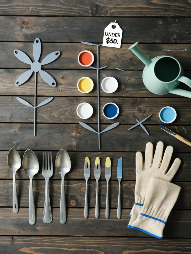 Budget friendly garden decor metal supplies including metal cutouts, paint, old silverware, and gloves