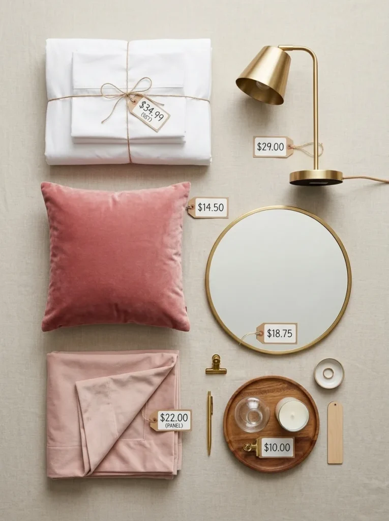 Budget friendly hotel bedroom decor items including bedding, a velvet pillow, and a lamp
