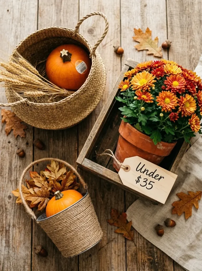 Budget friendly mum porch supplies including a crate, basket, bucket, and grocery store pumpkin