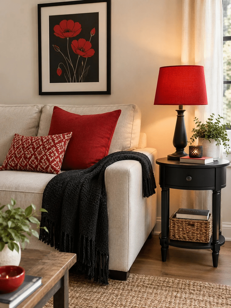 Budget friendly red and black living room decor with cushions and framed art