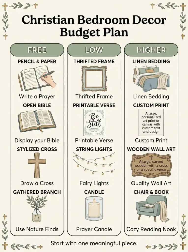 Budget plan for Christian bedroom decor with free, low, and higher cost ideas
