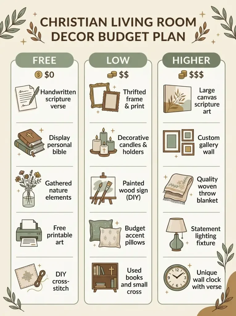 Budget plan for Christian living room decor with free, low cost, and higher cost ideas