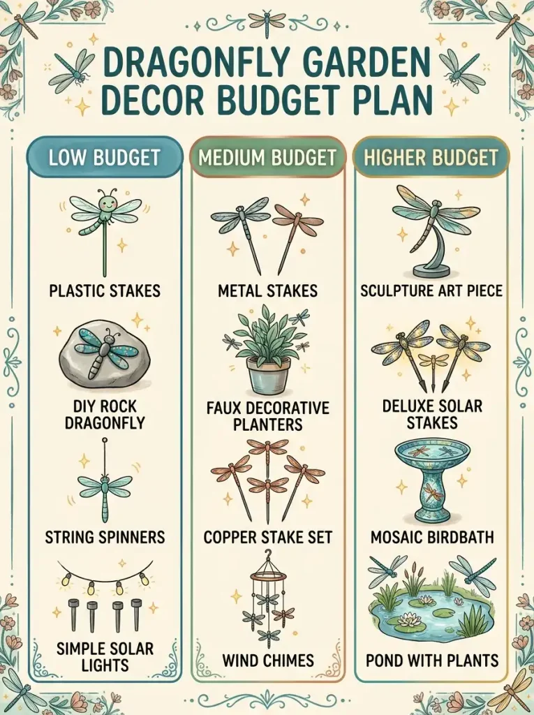 Budget plan for dragonfly garden decor with low, medium, and higher cost ideas