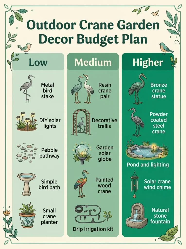 Budget plan for outdoor crane garden decor with low, medium, and higher cost ideas