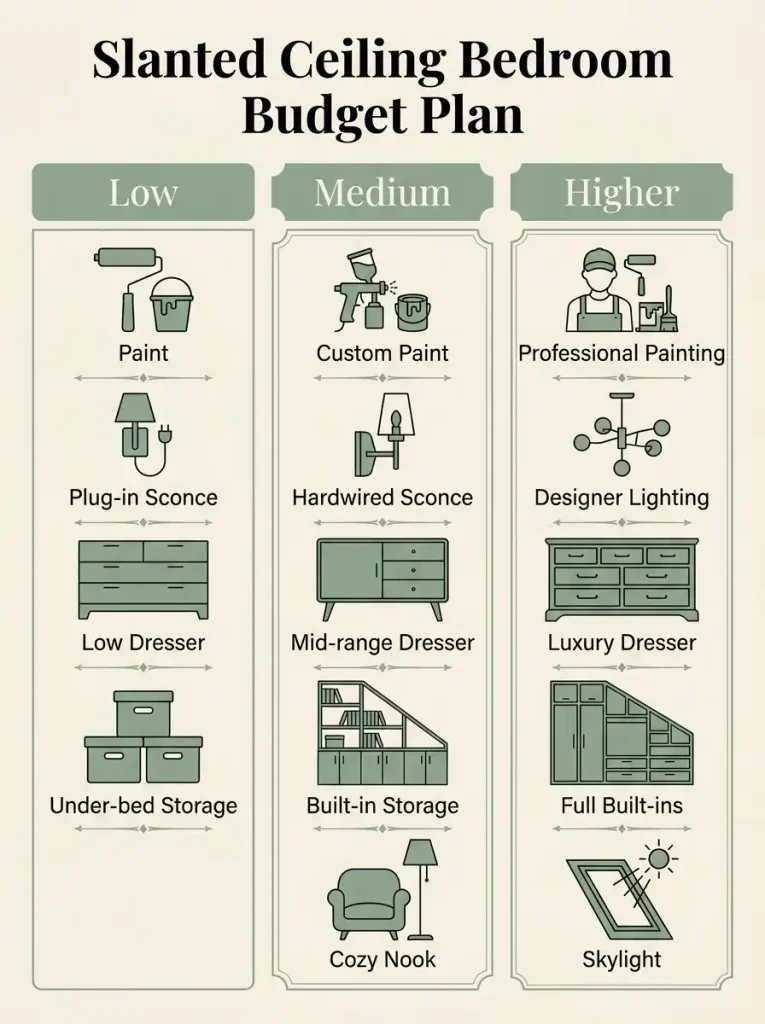 Budget plan for slanted ceiling bedroom decor with low, medium, and higher cost ideas