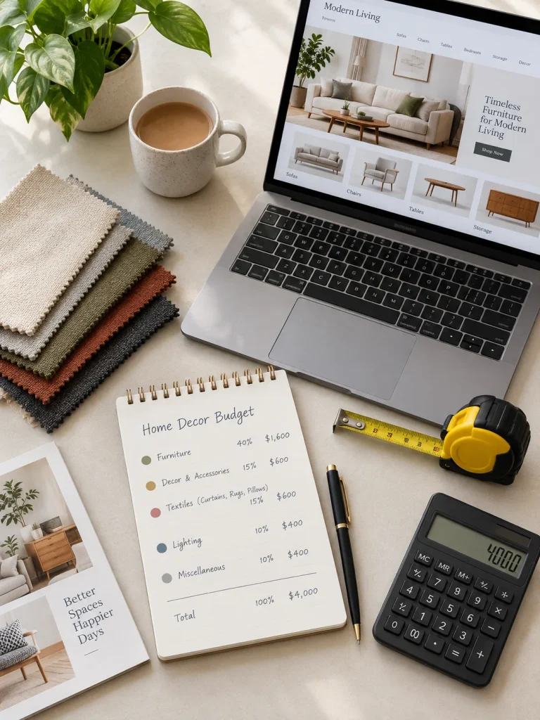 Budget planning for living room furniture with tape measure, fabric swatches, and notepad