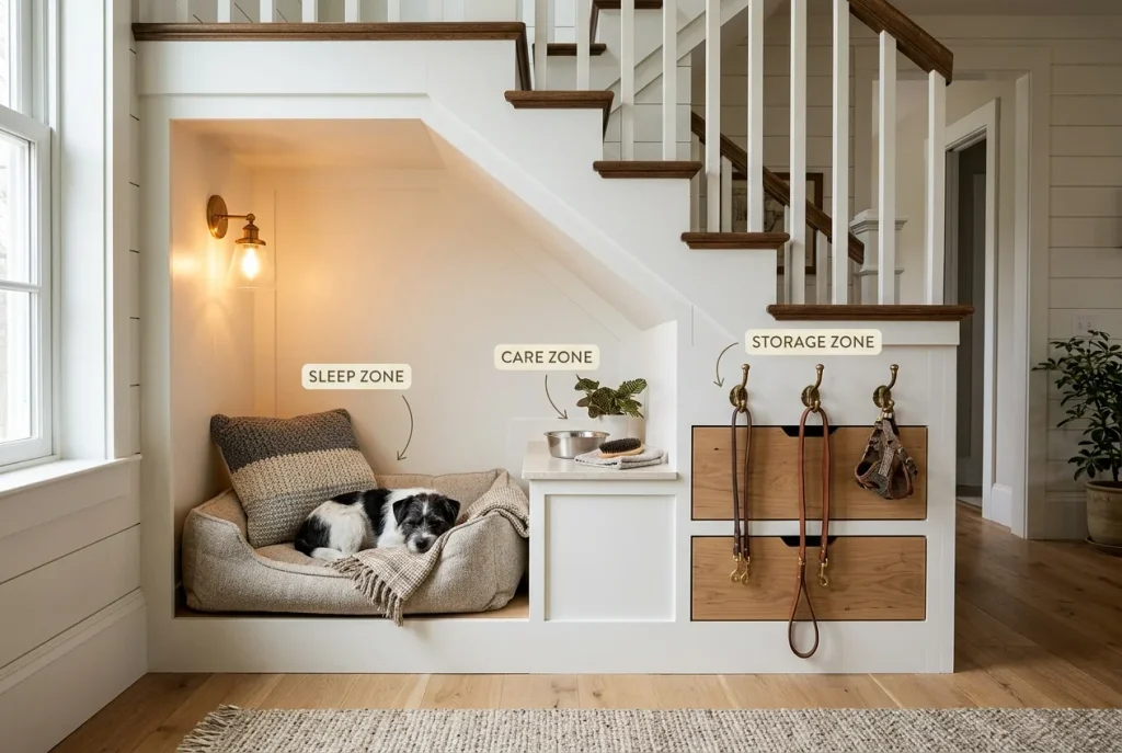 Built in luxury dog bedroom nook under stairs with bed, wall light, and leash hooks