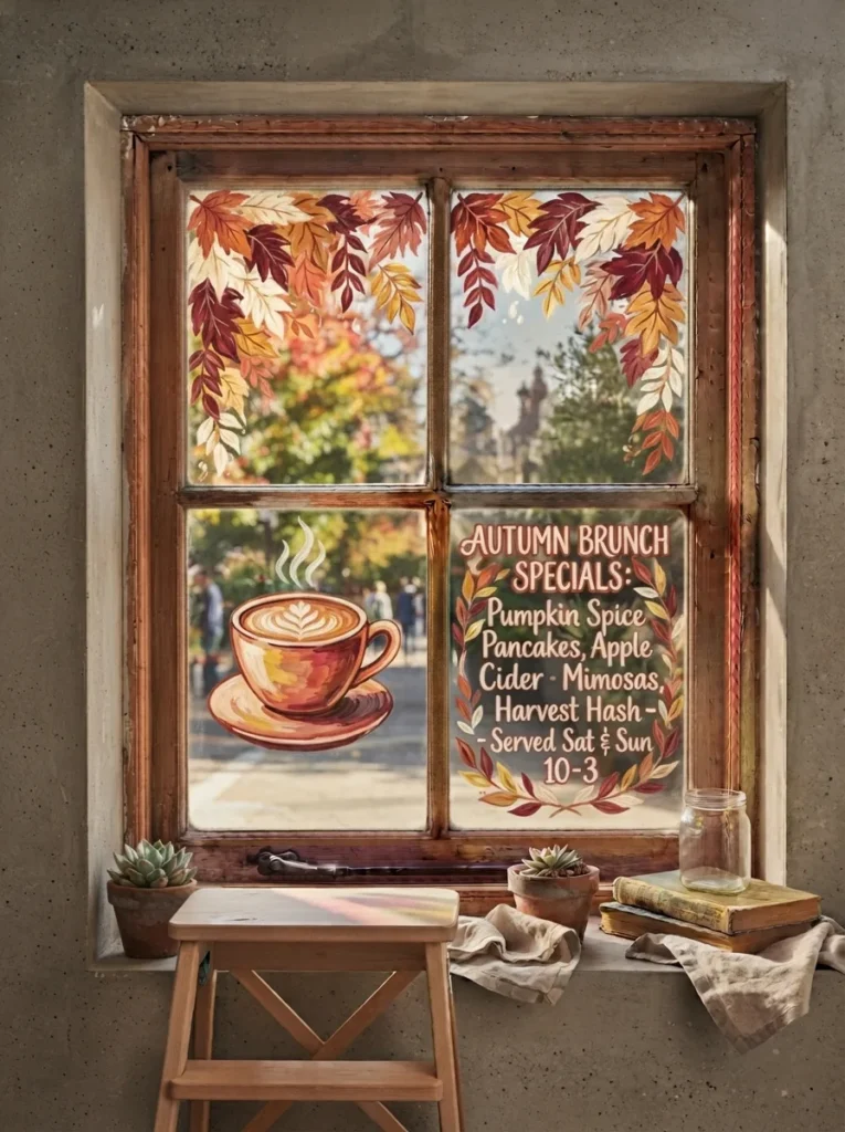 Fall window painting timeline and color palette from September through Thanksgiving