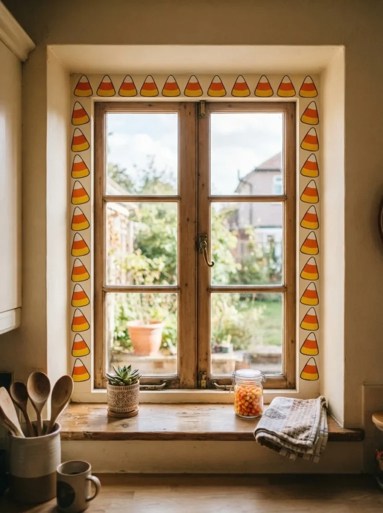 Candy corn border painted around a window for Halloween