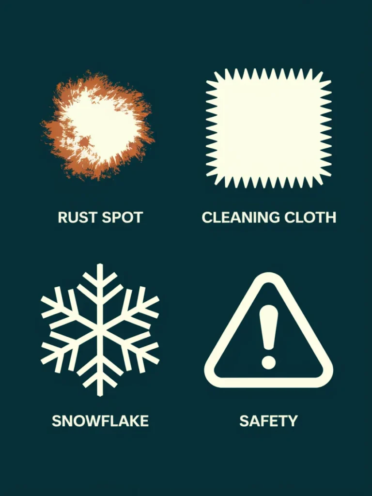 Care tips graphic for garden decor metal covering rust, cleaning, winter, and safety
