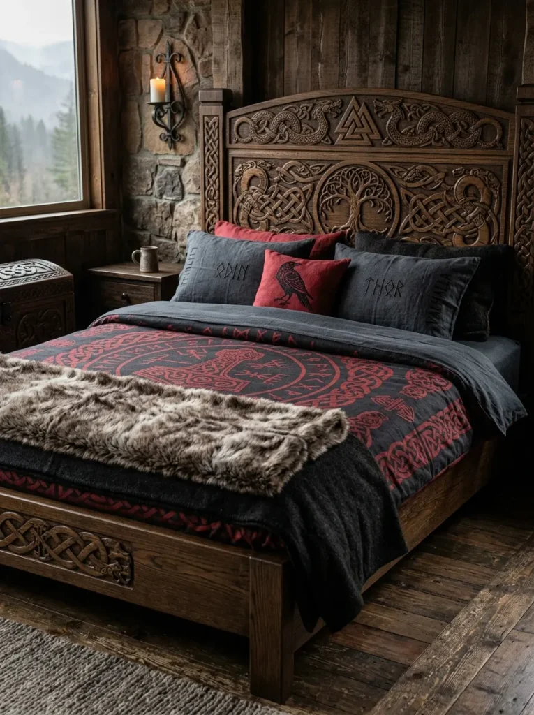 Carved wood bed with Viking bedding set and faux fur throw in a Norse bedroom