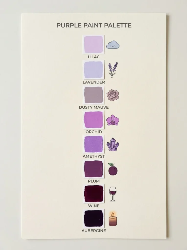 Chart of eight purple wall color living room shades from lilac to aubergine