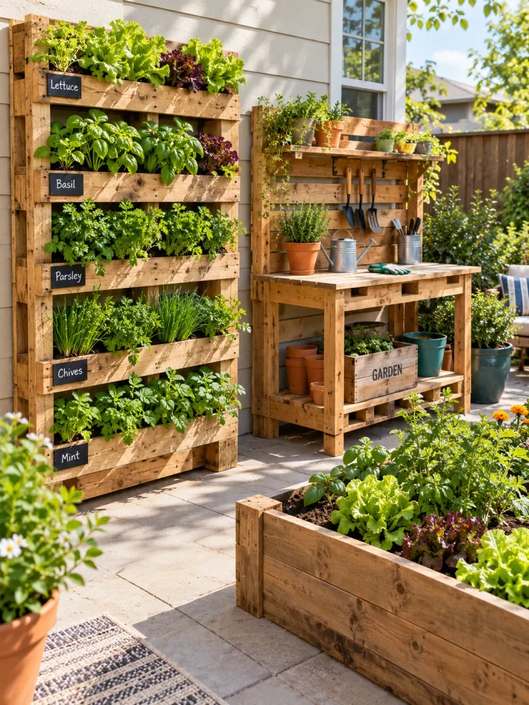 Pallet garden projects including a vertical planter, potting bench, and raised bed.