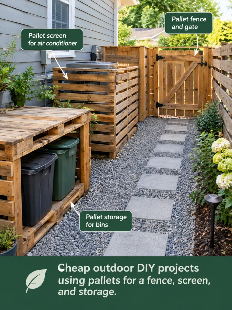 Cheap outdoor DIY projects using pallets for a fence, screen, and storage.