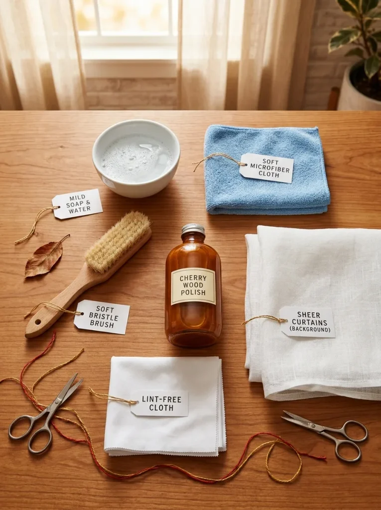 Cherry cabinet care supplies including a microfiber cloth, mild soap, soft brush, and wood polish