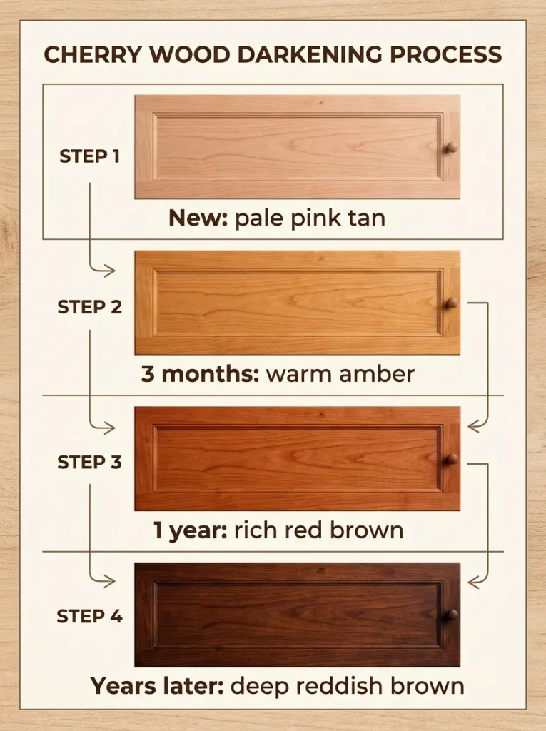 Cherry wood color changes from pale pink tan to deep reddish brown over time on kitchen cabinet doors