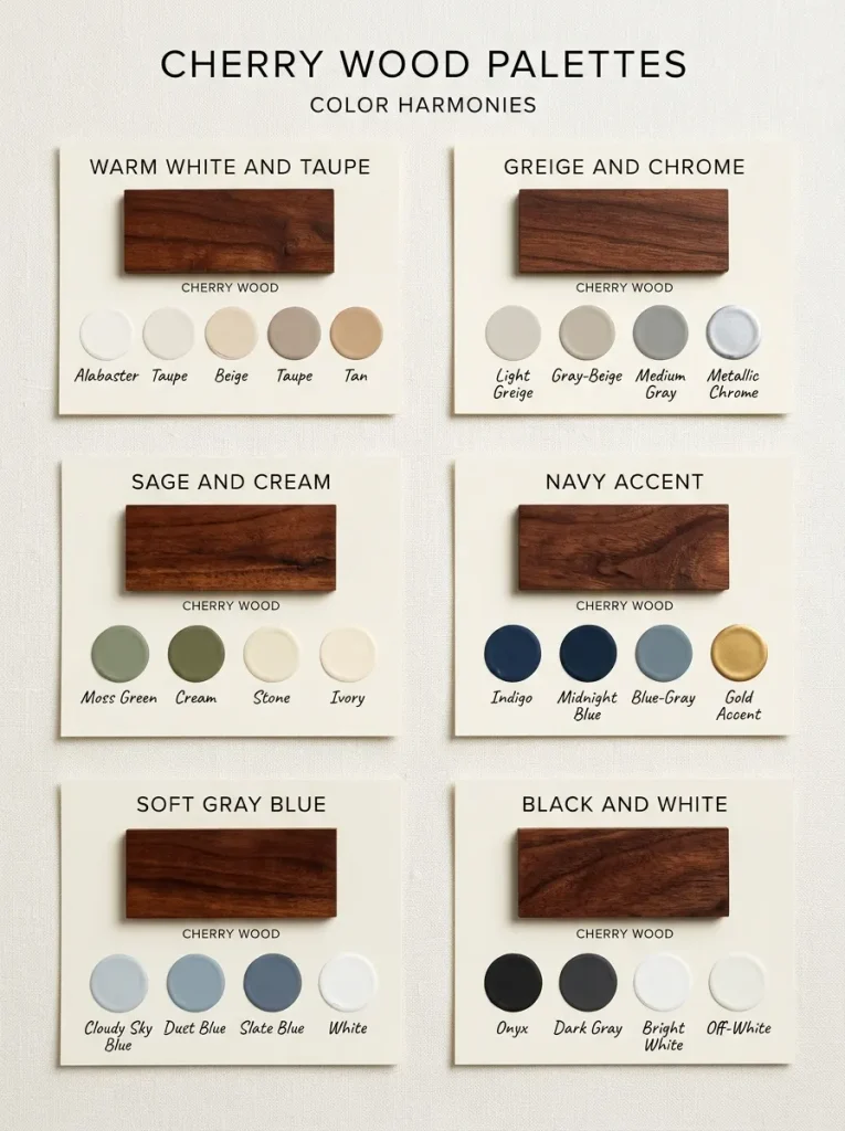  Cherry wood color palette with six paint combinations including warm white, sage, gray blue, greige, navy, and black