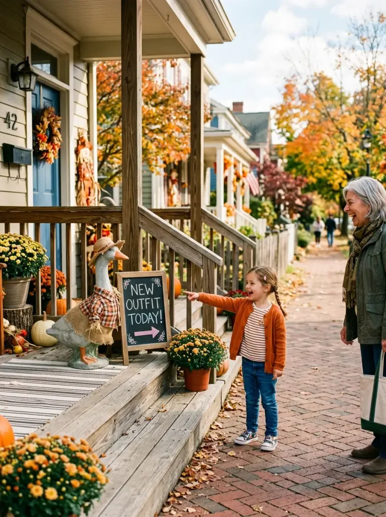 Child and neighbor smiling at a costumed porch goose on a front porch with a chalkboard sign
