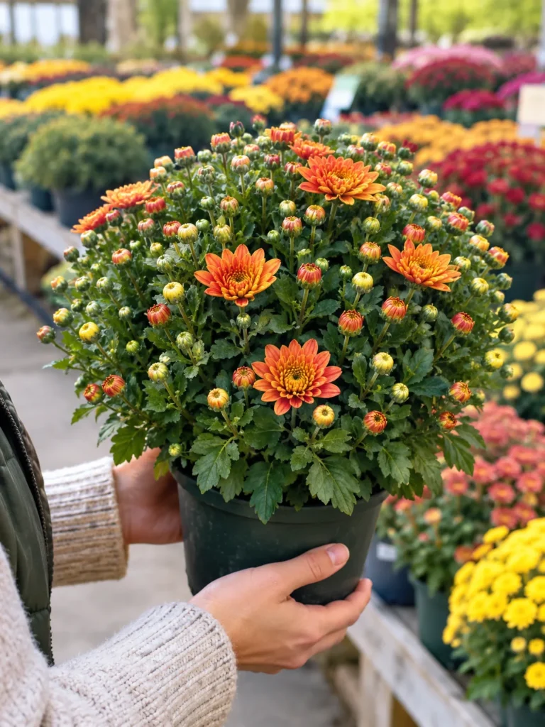 Choosing a healthy mum with tight buds at a garden center