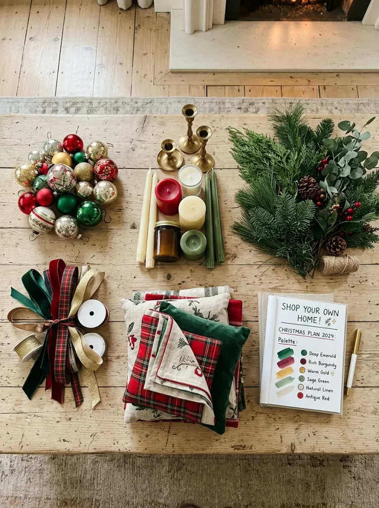 Christmas decor sorted by type and color on a table before decorating the living room