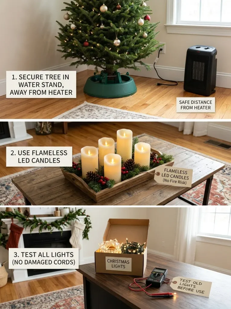 Christmas decorating safety checklist with a watered tree and flameless candles