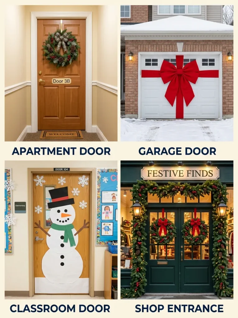 Christmas door ideas for apartment, garage, classroom, and business doors.