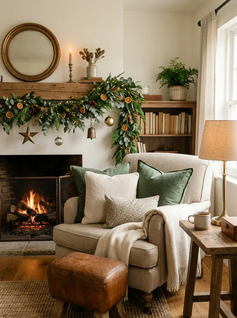 Christmas living room decor ideas 2026 with sage green, cream and natural greenery