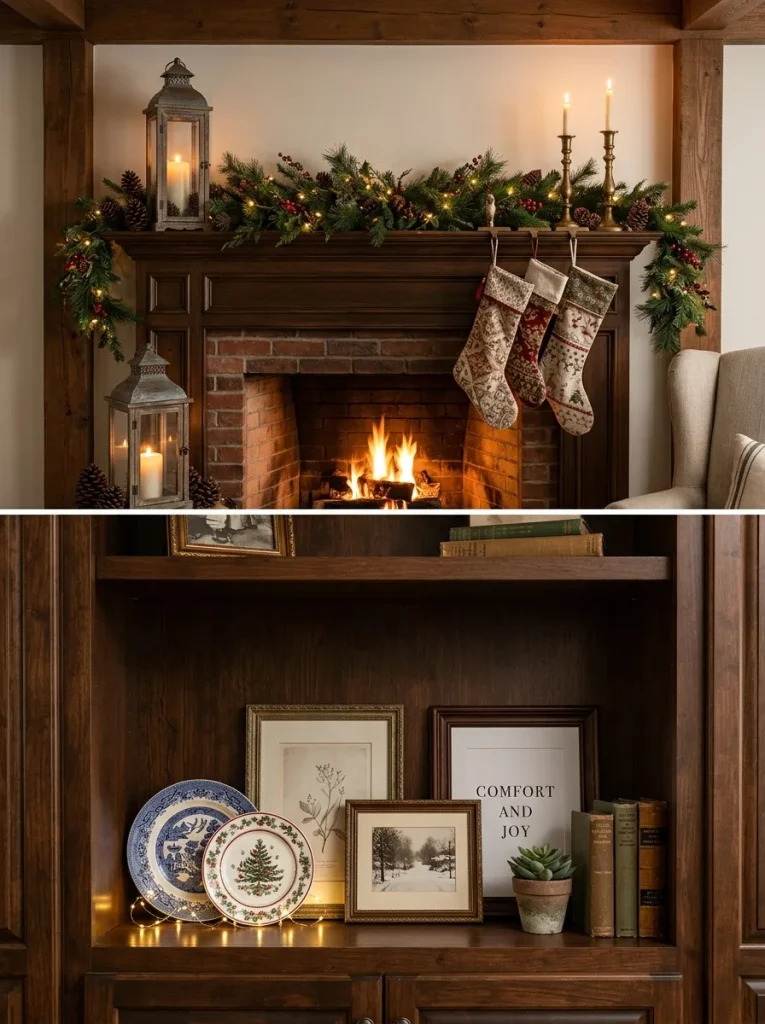 Christmas mantel with garland, stockings and candlesticks above a fireplace