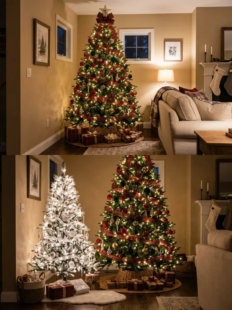 Christmas tree with tartan plaid ribbon and vintage ornaments in a living room