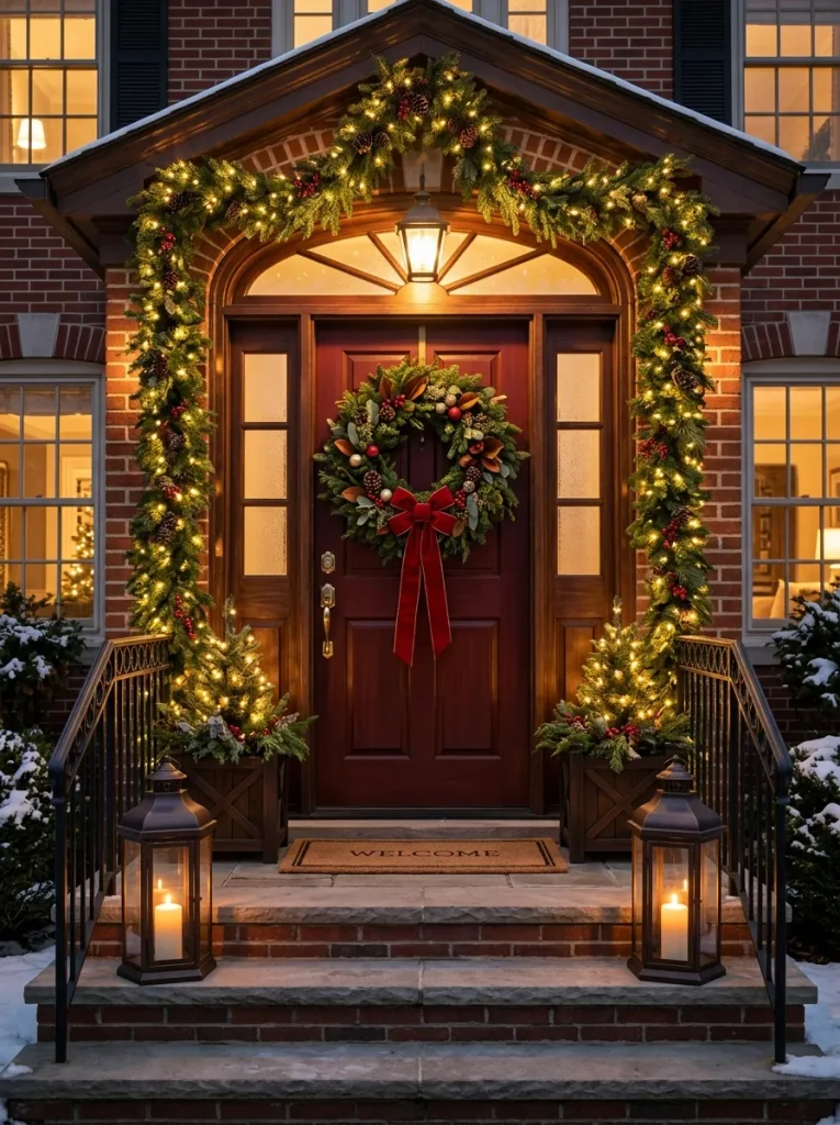 Classic Christmas door ideas with wreath, garland, and red bow on a front door.