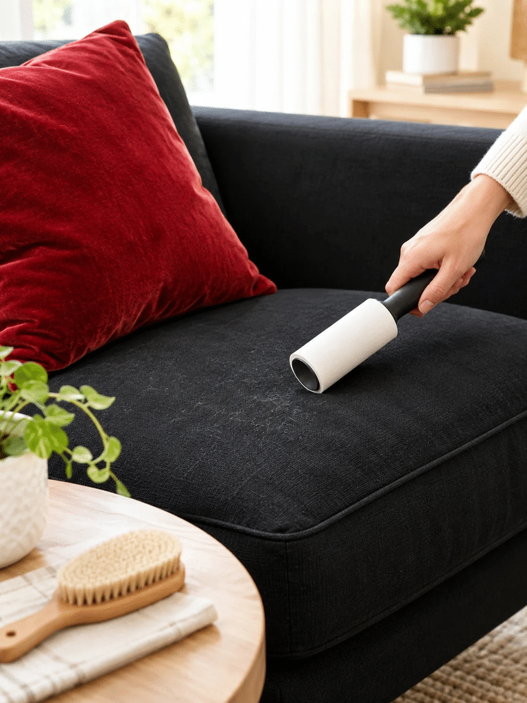 Cleaning a black sofa and red velvet cushion in a living room