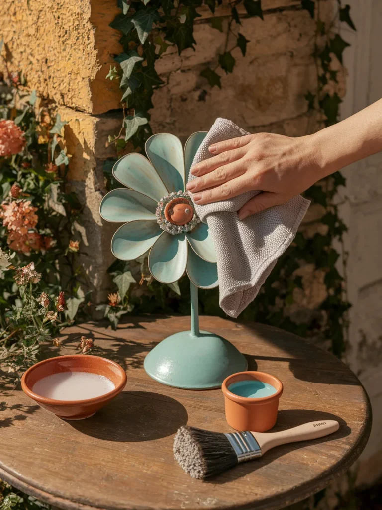 Cleaning and touching up a painted metal garden flower with cloth and outdoor paint