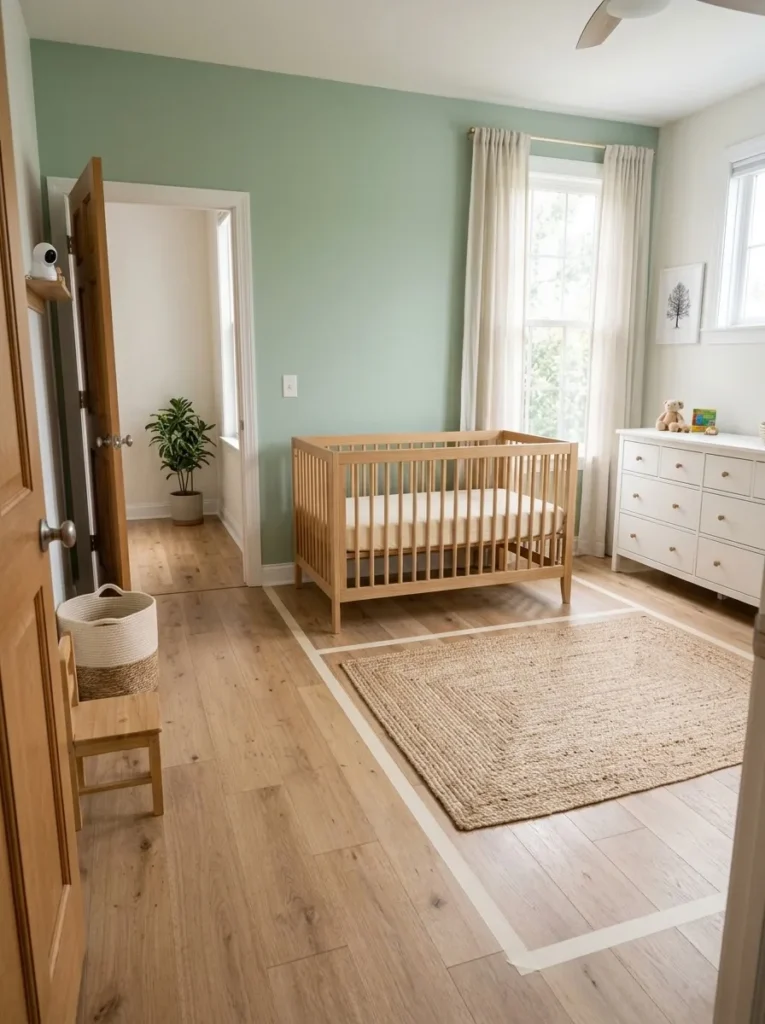 Clear walking space around a crib in a baby boy bedroom layout