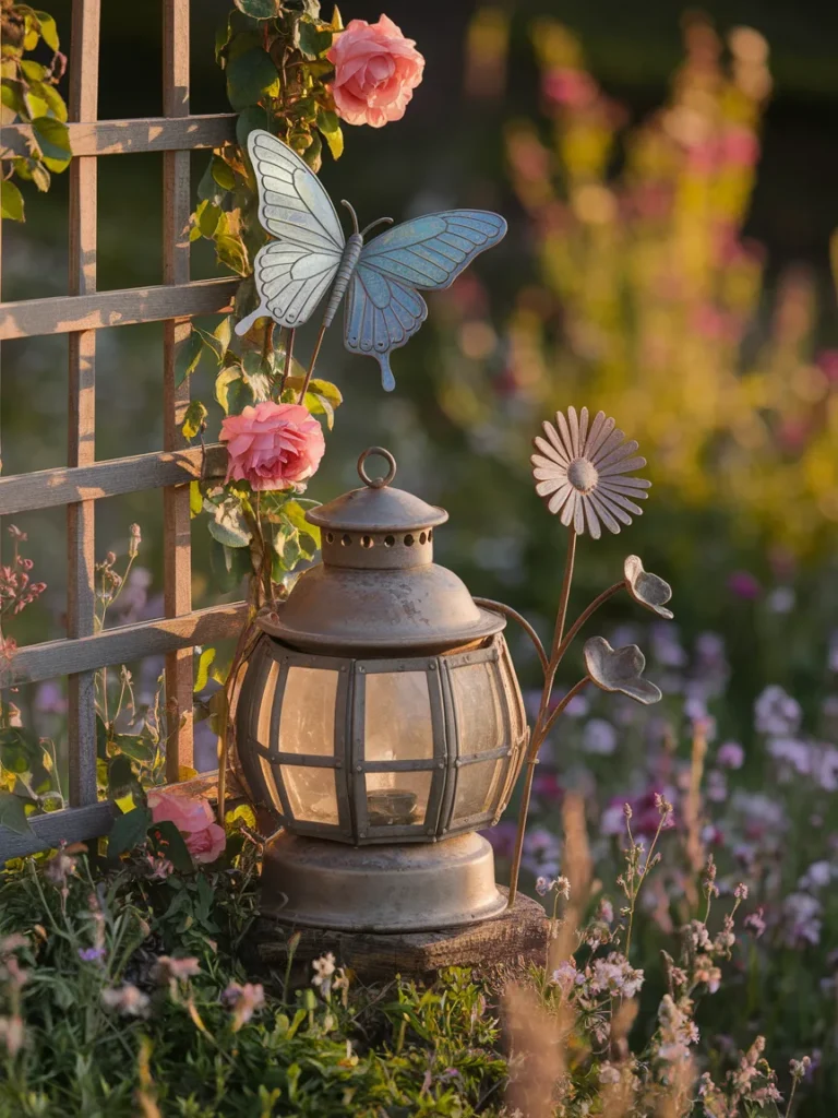 Close up of garden decor metal including butterfly stake, trellis, lantern, and metal daisy