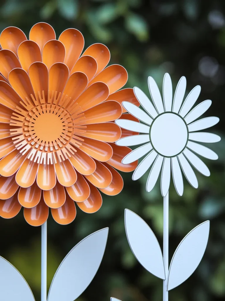 Close up of layered and flat metal garden flowers with powder coated finish on stakes