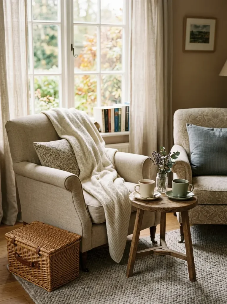 Clutter free bedroom seating nook for two.