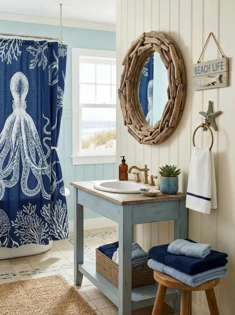 Coastal bathroom with fishing, octopus, starfish, and penguin themed decor.