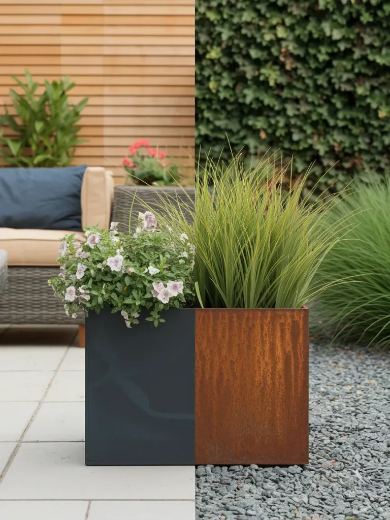 Coated steel planter compared with weathering steel planter showing rust in garden decor metal