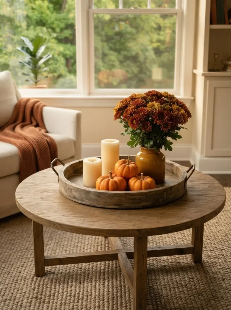Coffee table tray with candles, pumpkins, and mums for fall indoor decor