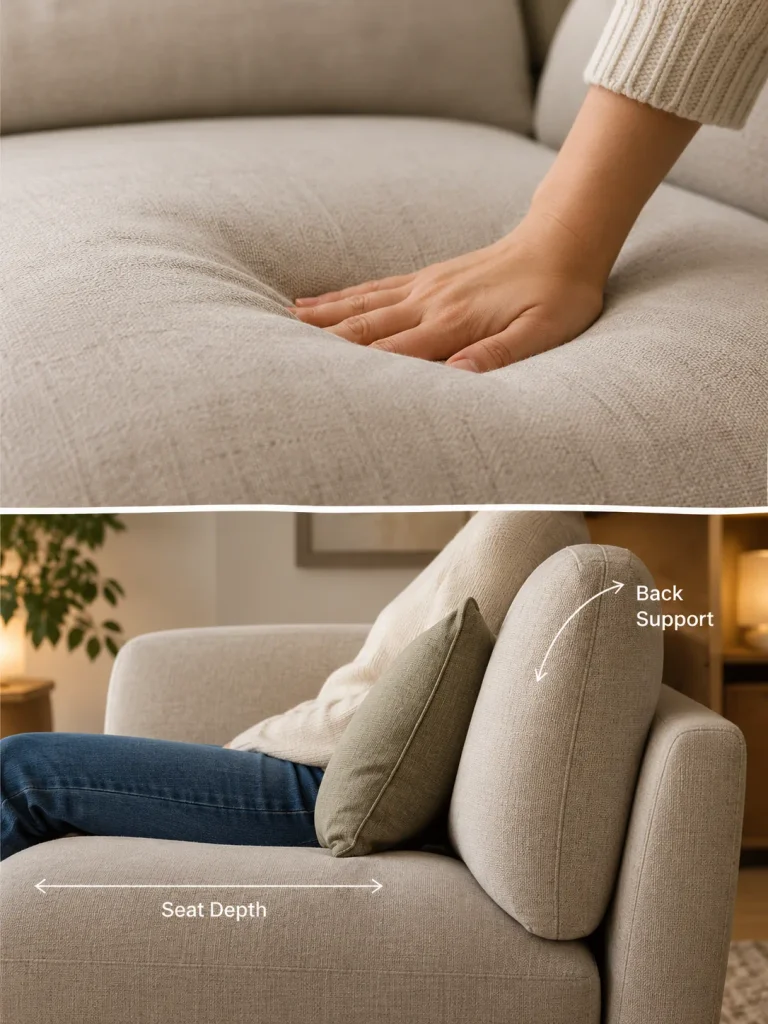 Testing sofa cushion firmness and support when you choose living room furniture
