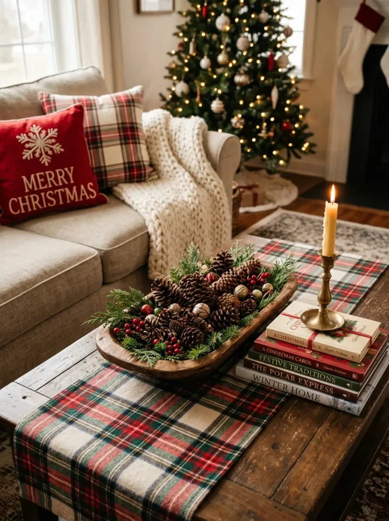 Coffee table with Christmas runner, dough bowl centerpiece and stacked holiday books