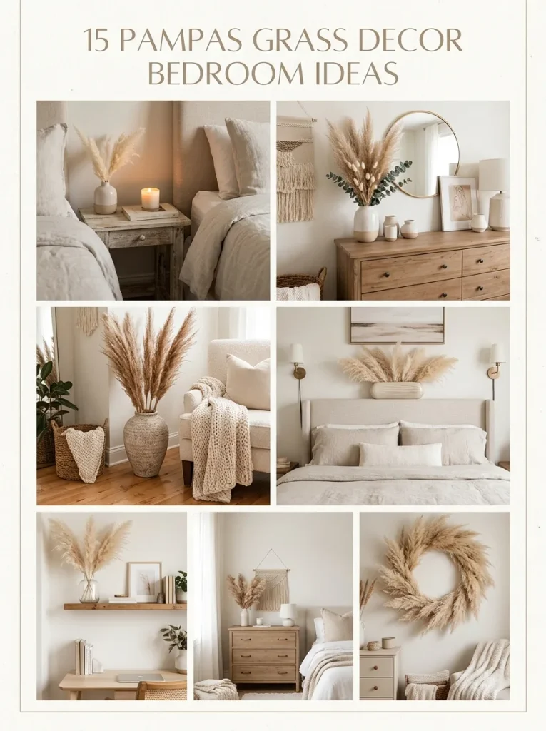 Collage of 15 pampas grass decor bedroom ideas including nightstand, dresser, floor vase, and wall styling