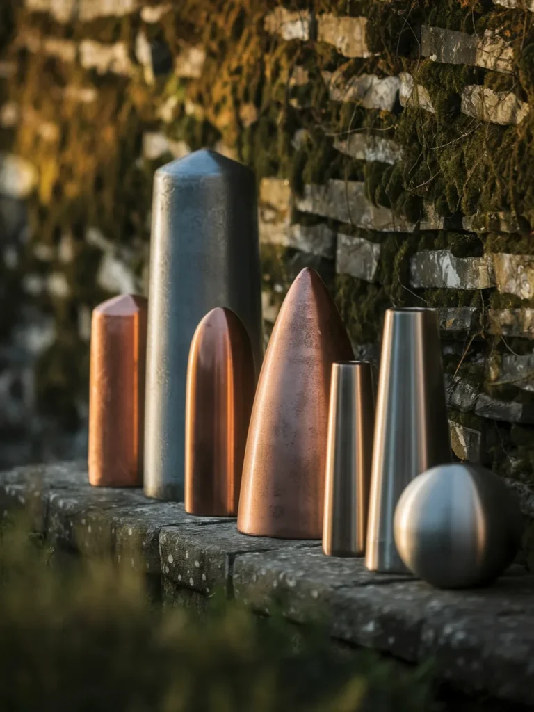 Collage of common garden decor metal types including steel, iron, aluminum, copper, and stainless steel