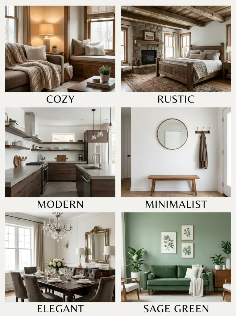 Collage of cozy, rustic, modern, minimalist and elegant Christmas living room styles